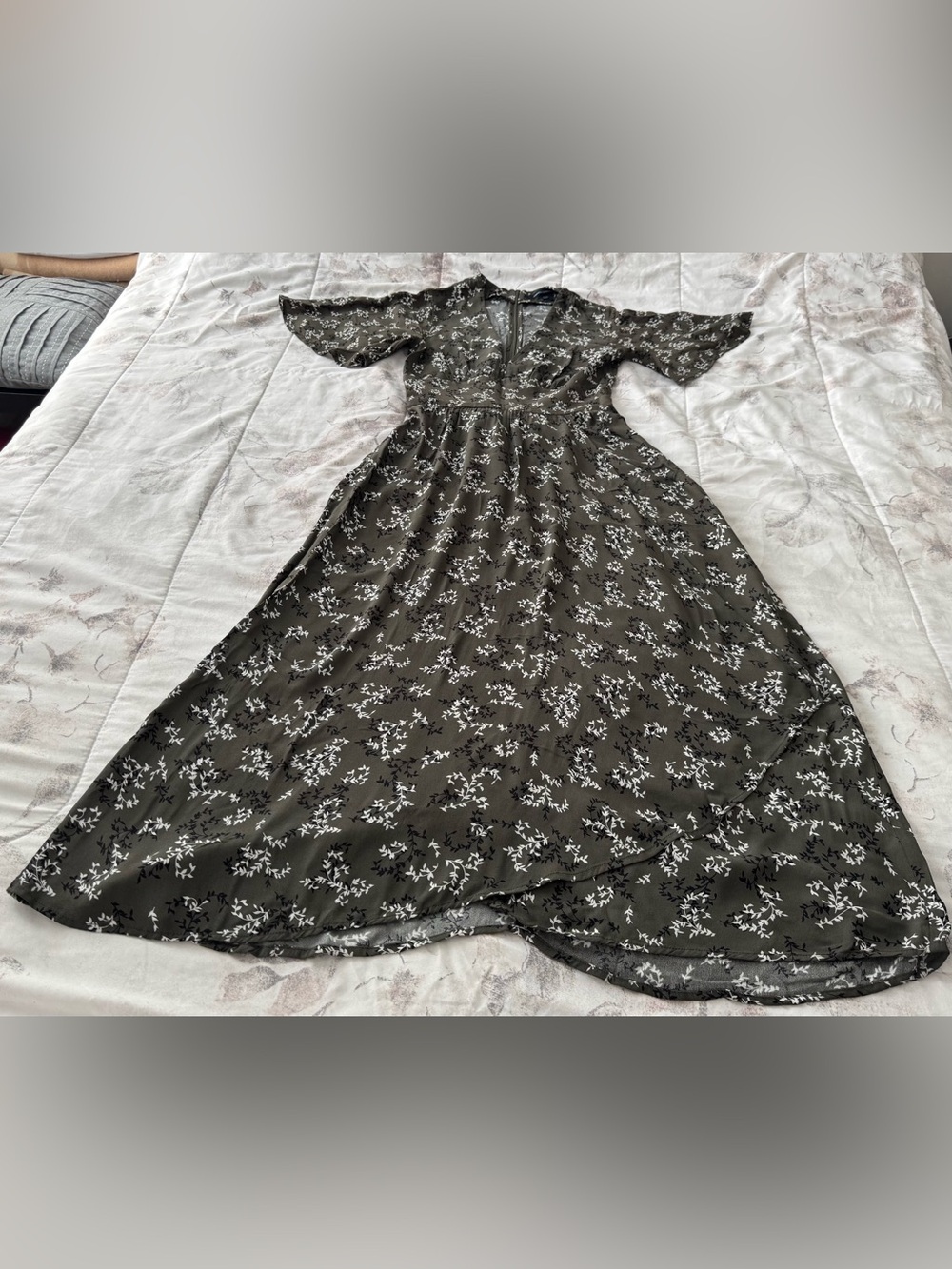 French Connection charcoal grey Floral Maxi Dress, size 2 faux wrap V-neck chic